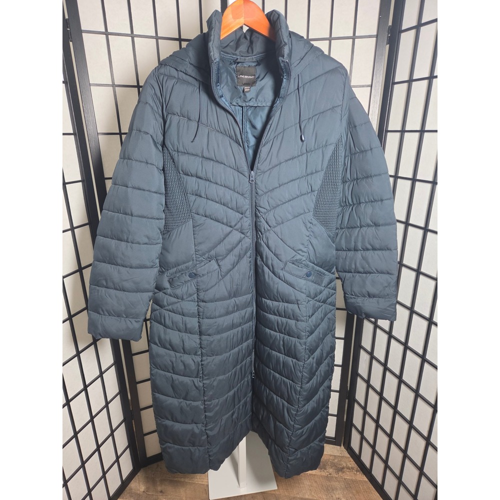 Lane Bryant Longline Chevron Quilted Hooded Puffer Coat Dark Teal Size 10/12